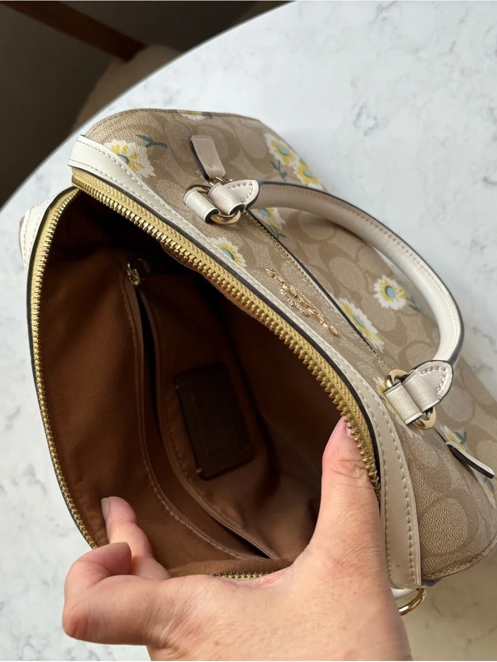 Coach Beige Floral Signature Satchel with Cream Handles